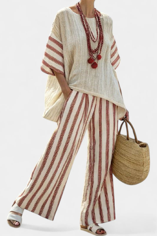 Effortless Striped Two Piece Set for Women with Short Sleeve V Neck Linen Wide Leg Flowing Casual Style