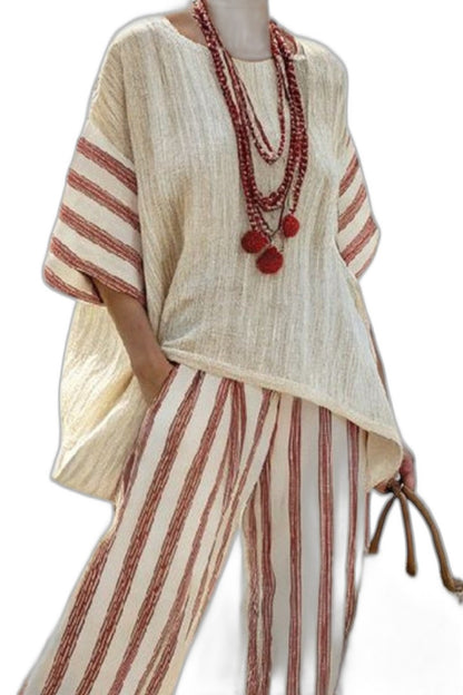 Effortless Striped Two Piece Set for Women with Short Sleeve V Neck Linen Wide Leg Flowing Casual Style