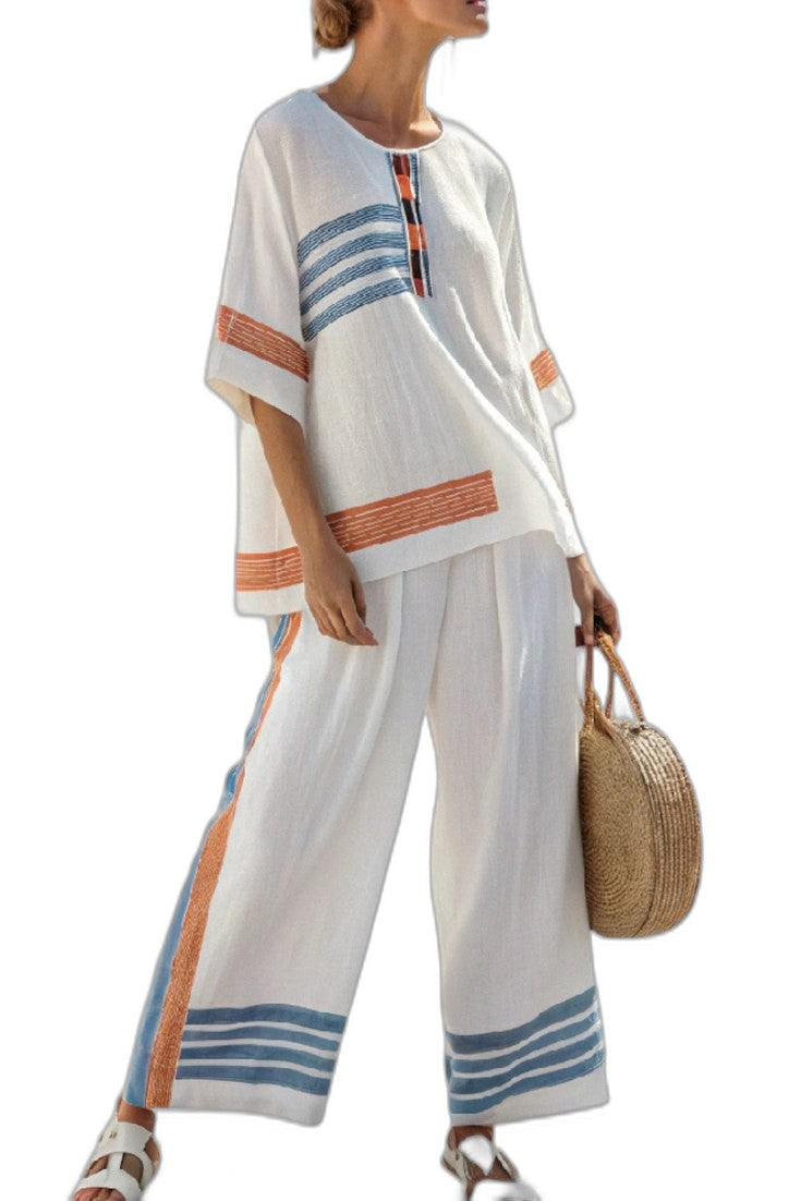Effortless Striped Two Piece Set for Women with Short Sleeve Wide Leg Casual Style