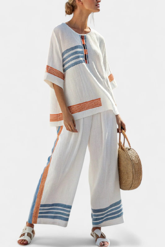 Effortless Striped Two Piece Set for Women with Short Sleeve Wide Leg Casual Style