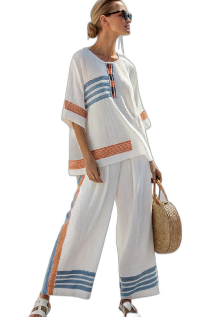 Effortless Striped Two Piece Set for Women with Short Sleeve Wide Leg Casual Style