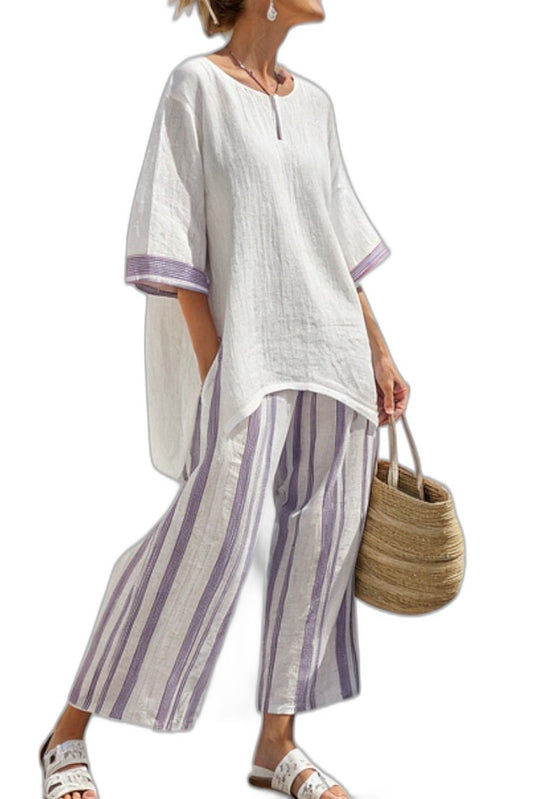 Effortless Striped Two Piece Set for Women with V Neck Linen Wide Leg Flowing Casual Style