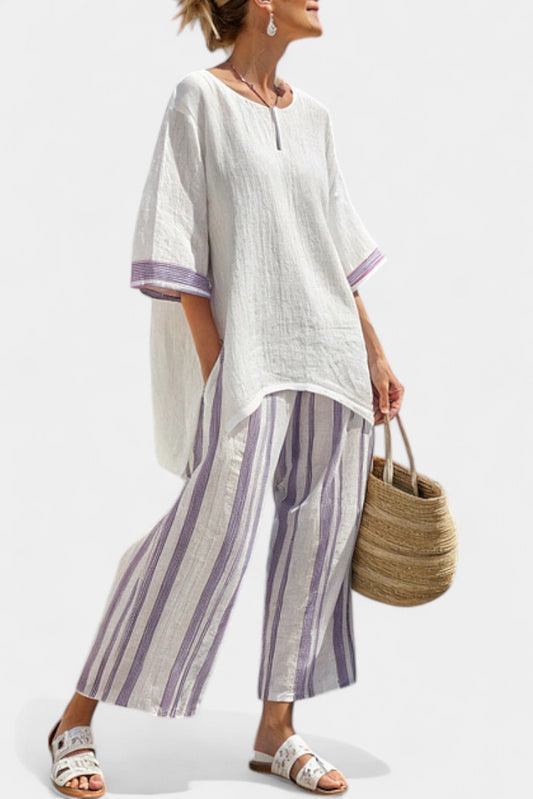 Effortless Striped Two Piece Set for Women with V Neck Linen Wide Leg Flowing Casual Style