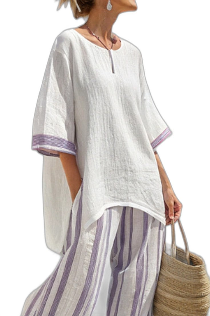 Effortless Striped Two Piece Set for Women with V Neck Linen Wide Leg Flowing Casual Style