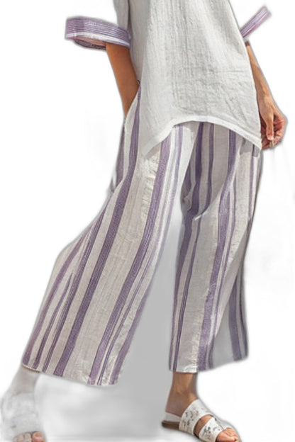 Effortless Striped Two Piece Set for Women with V Neck Linen Wide Leg Flowing Casual Style