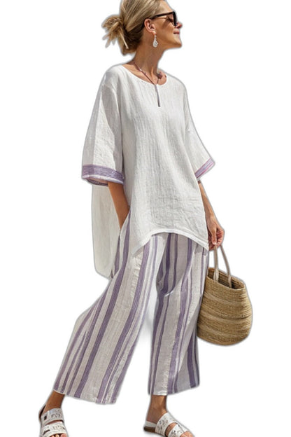 Effortless Striped Two Piece Set for Women with V Neck Linen Wide Leg Flowing Casual Style