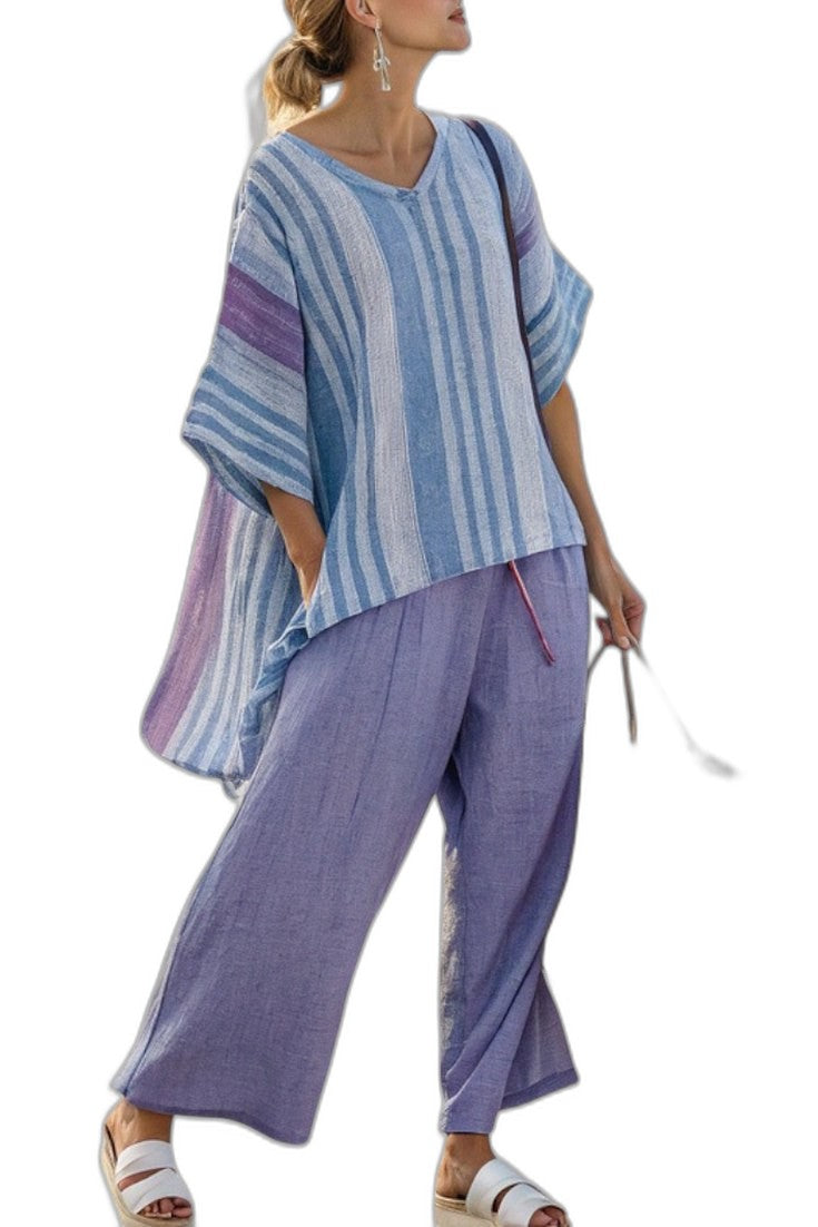 Effortless Striped Two Piece Set for Women with V Neck Linen Wide Leg Oversized Casual Style