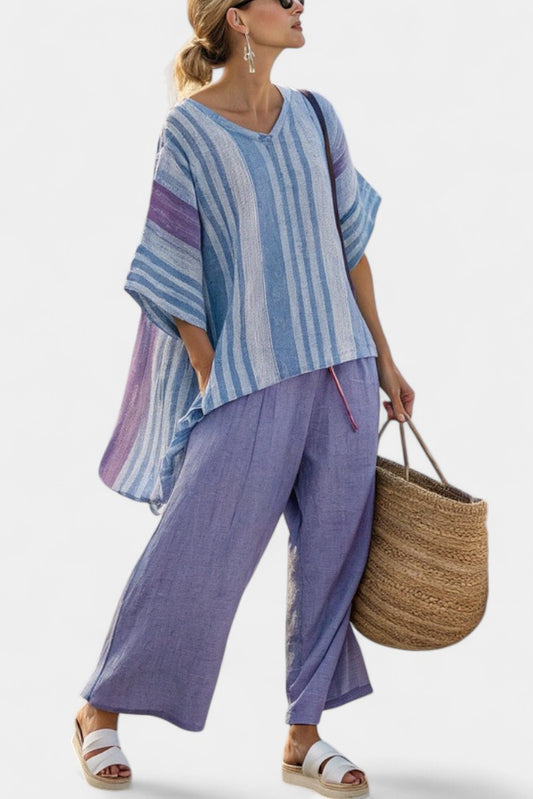 Effortless Striped Two Piece Set for Women with V Neck Linen Wide Leg Oversized Casual Style