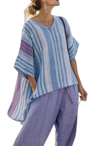 Effortless Striped Two Piece Set for Women with V Neck Linen Wide Leg Oversized Casual Style