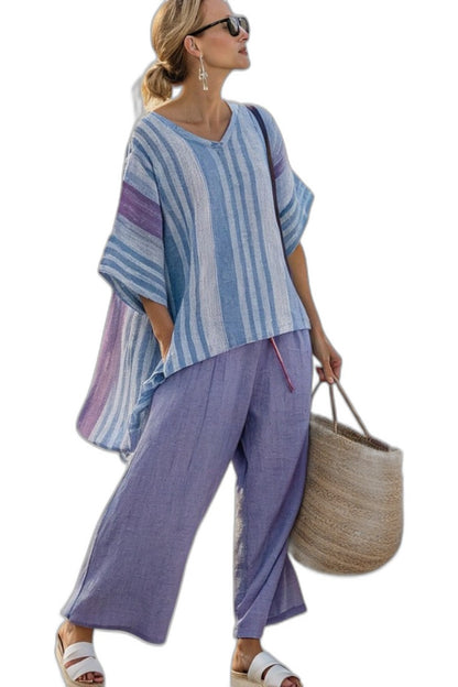 Effortless Striped Two Piece Set for Women with V Neck Linen Wide Leg Oversized Casual Style