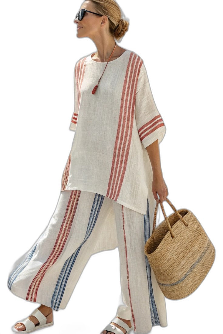 Effortless Striped Two Piece Set for Women with Wide Leg Casual Style