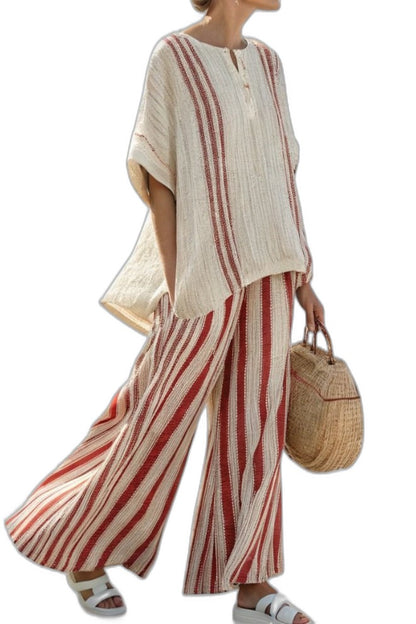 Effortless Striped Two Piece Set for Women with Wide Leg Flowing Textured Casual Style