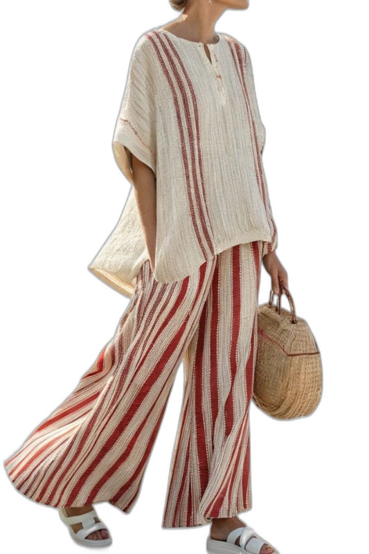 Effortless Striped Two Piece Set for Women with Wide Leg Flowing Textured Casual Style