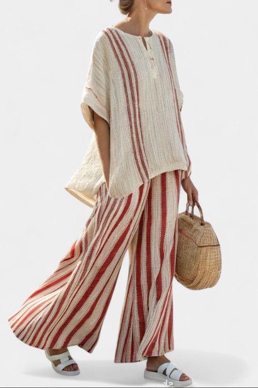 Effortless Striped Two Piece Set for Women with Wide Leg Flowing Textured Casual Style