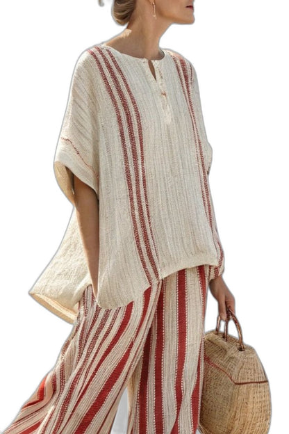 Effortless Striped Two Piece Set for Women with Wide Leg Flowing Textured Casual Style
