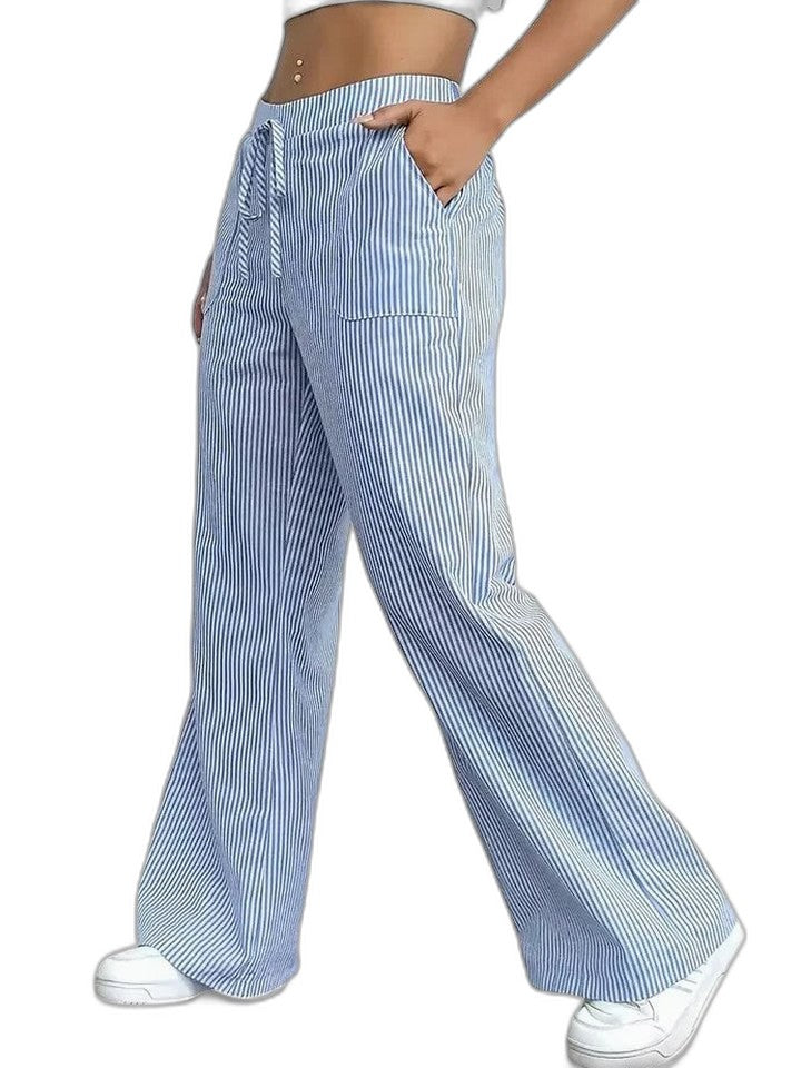 Effortless Striped Wide Leg Pants for Women with High Waisted Pockets Casual Style