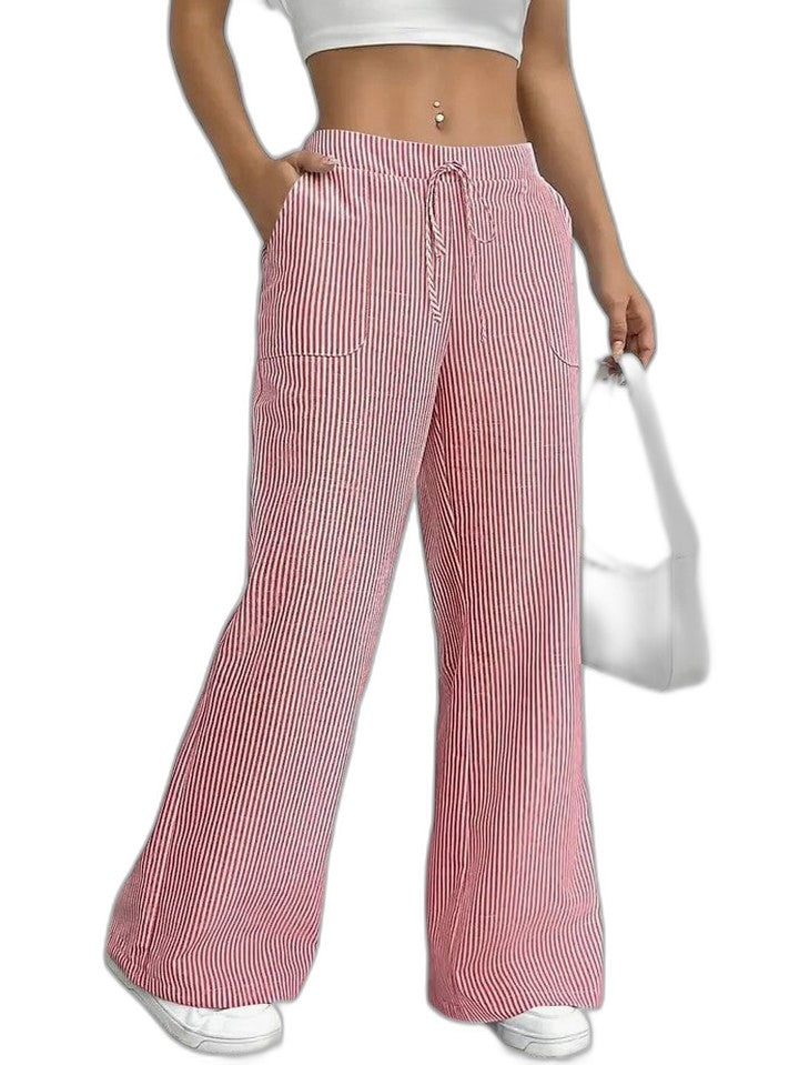 Effortless Striped Wide Leg Pants for Women with High Waisted Pockets Casual Style