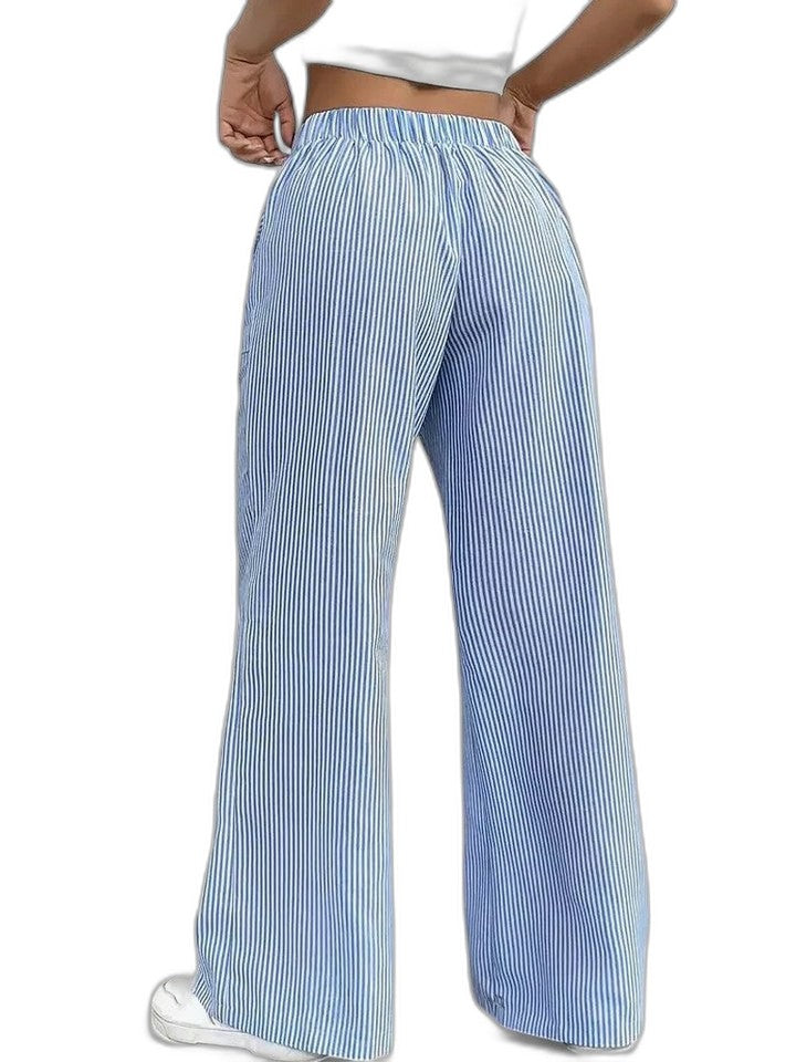Effortless Striped Wide Leg Pants for Women with High Waisted Pockets Casual Style