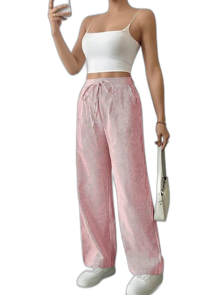 Effortless Striped Wide Leg Pants for Women with High Waisted Pockets Casual Style