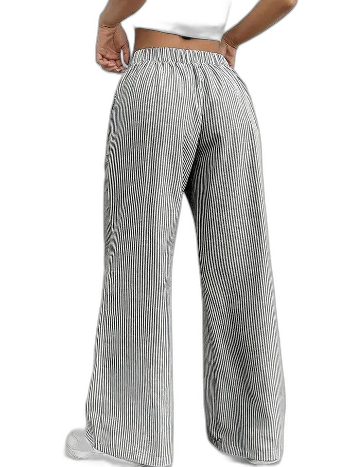 Effortless Striped Wide Leg Pants for Women with High Waisted Pockets Casual Style