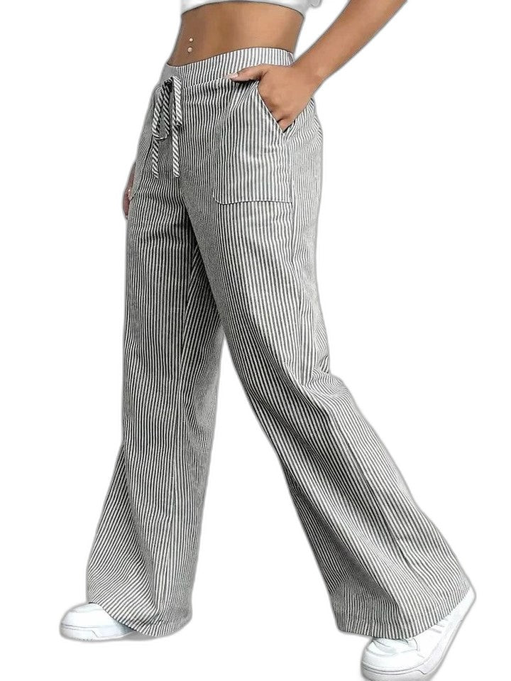 Effortless Striped Wide Leg Pants for Women with High Waisted Pockets Casual Style