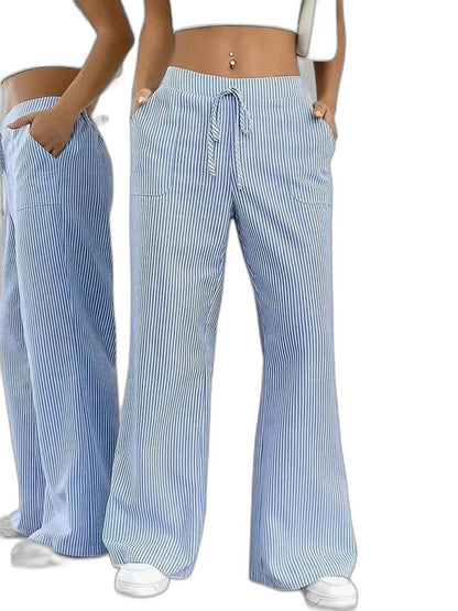 Effortless Striped Wide Leg Pants for Women with High Waisted Pockets Casual Style