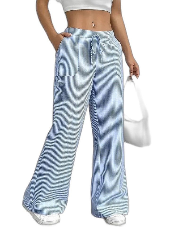 Effortless Striped Wide Leg Pants for Women with High Waisted Pockets Casual Style