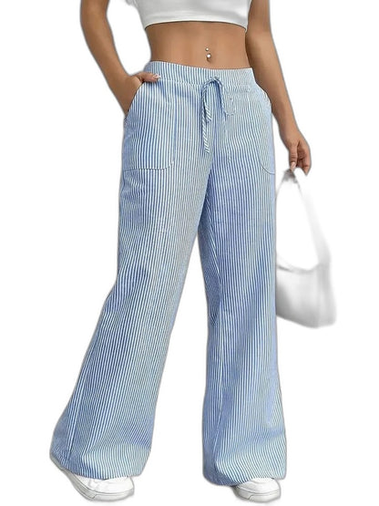 Effortless Striped Wide Leg Pants for Women with High Waisted Pockets Casual Style