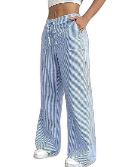 Effortless Striped Wide Leg Pants for Women with High Waisted Pockets Casual Style