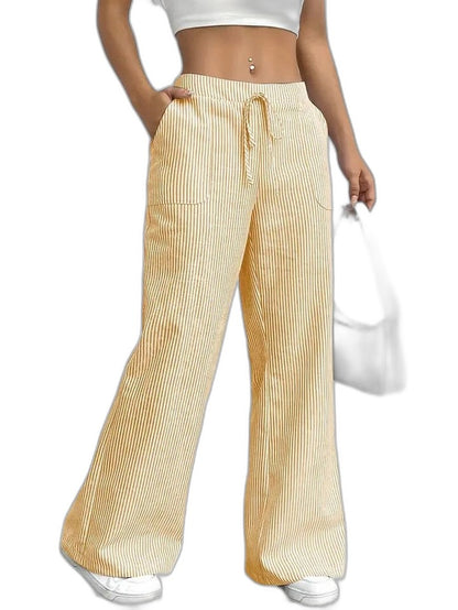 Effortless Striped Wide Leg Pants for Women with High Waisted Pockets Casual Style