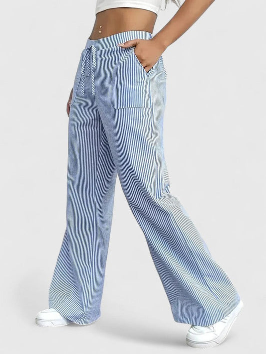 Effortless Striped Wide Leg Pants for Women with High Waisted Pockets Casual Style