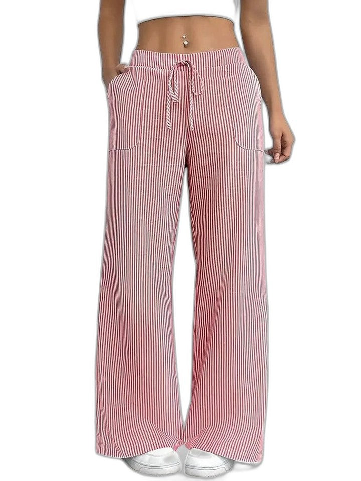 Effortless Striped Wide Leg Pants for Women with High Waisted Pockets Casual Style