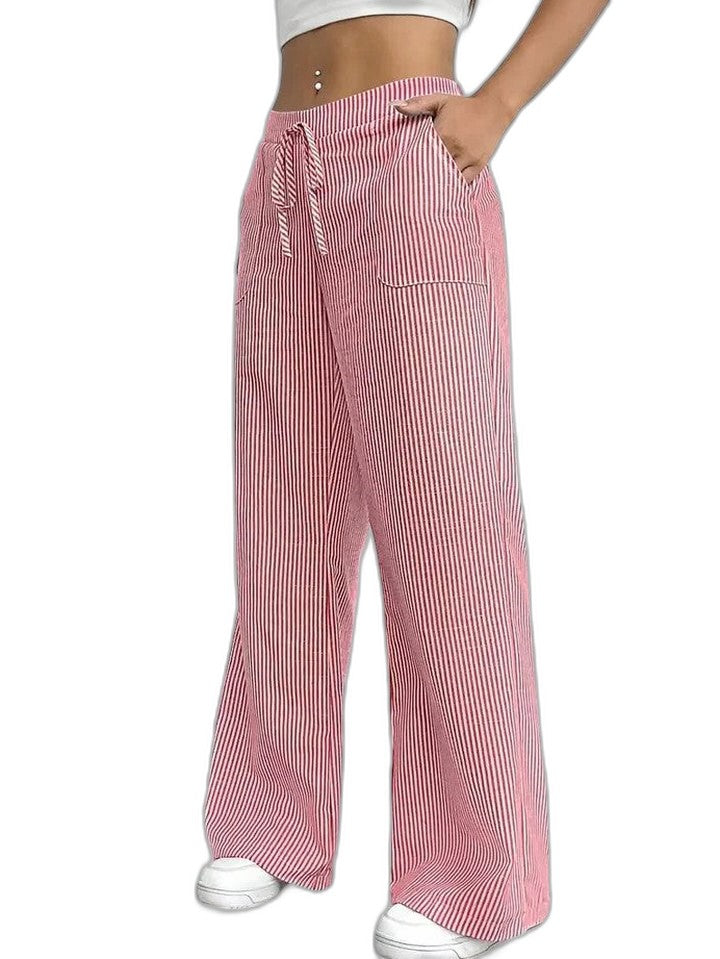 Effortless Striped Wide Leg Pants for Women with High Waisted Pockets Casual Style