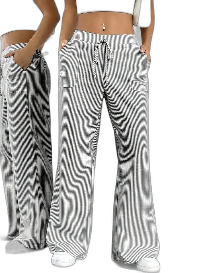 Effortless Striped Wide Leg Pants for Women with High Waisted Pockets Casual Style
