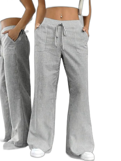 Effortless Striped Wide Leg Pants for Women with High Waisted Pockets Casual Style