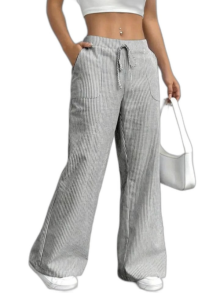 Effortless Striped Wide Leg Pants for Women with High Waisted Pockets Casual Style
