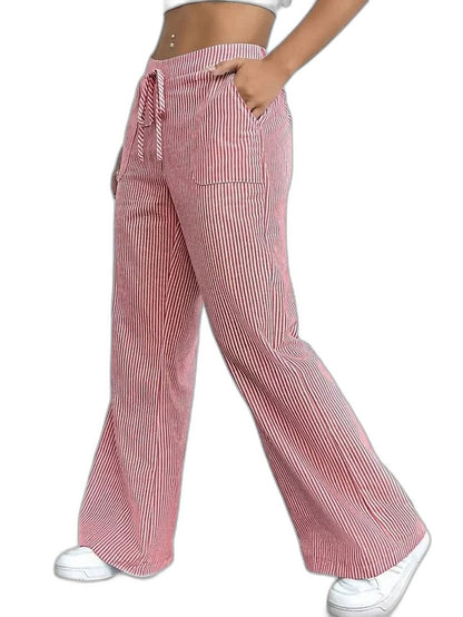 Effortless Striped Wide Leg Pants for Women with High Waisted Pockets Casual Style