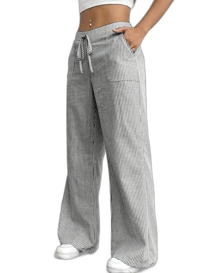 Effortless Striped Wide Leg Pants for Women with High Waisted Pockets Casual Style