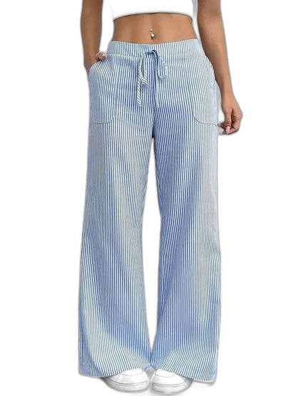 Effortless Striped Wide Leg Pants for Women with High Waisted Pockets Casual Style