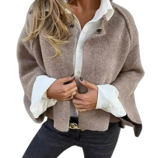 Effortless Tan Jacket for Women with Collared Long Sleeve Button Front Cropped Casual Style