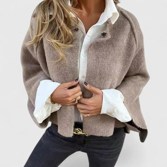 Effortless Tan Jacket for Women with Collared Long Sleeve Button Front Cropped Casual Style