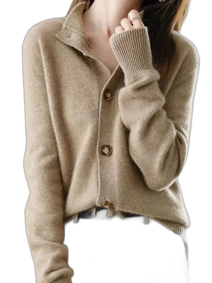 Effortless Tan Knit Cardigan Sweater for Women with Collared Long Sleeve Button Front Casual Style
