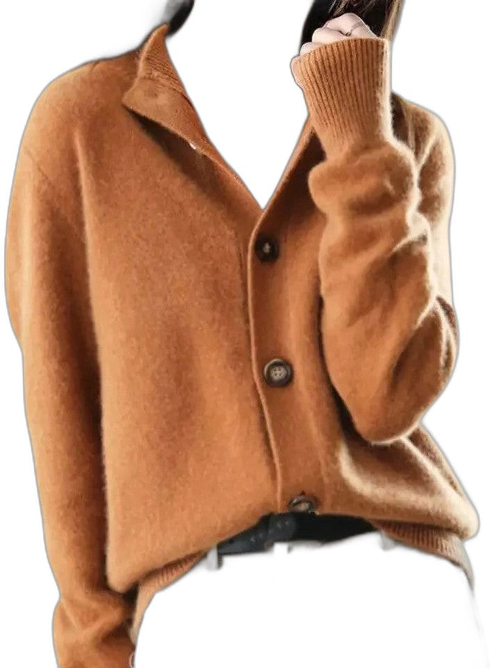 Effortless Tan Knit Cardigan Sweater for Women with Collared Long Sleeve Button Front Casual Style