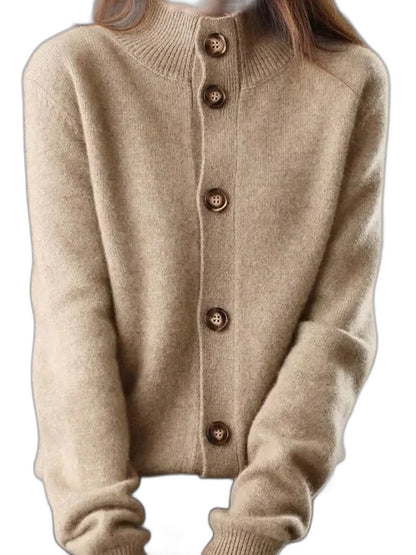 Effortless Tan Knit Cardigan Sweater for Women with Collared Long Sleeve Button Front Casual Style