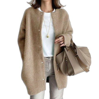 Effortless Tan Knit Cardigan Sweater for Women with Crew Neck Long Sleeve Oversized Casual Style