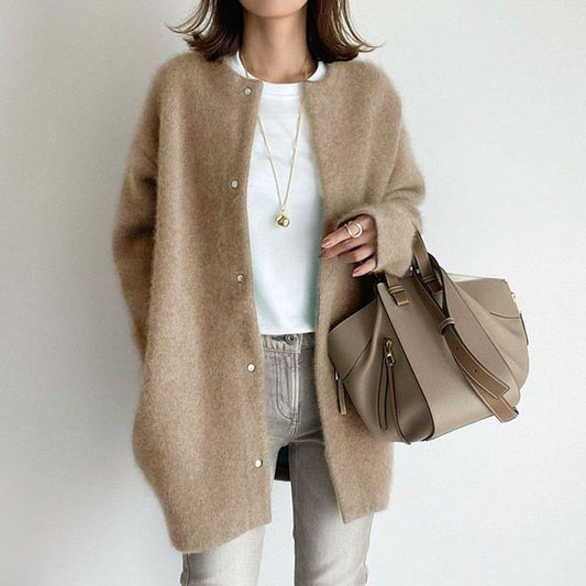 Effortless Tan Knit Cardigan Sweater for Women with Crew Neck Long Sleeve Oversized Casual Style