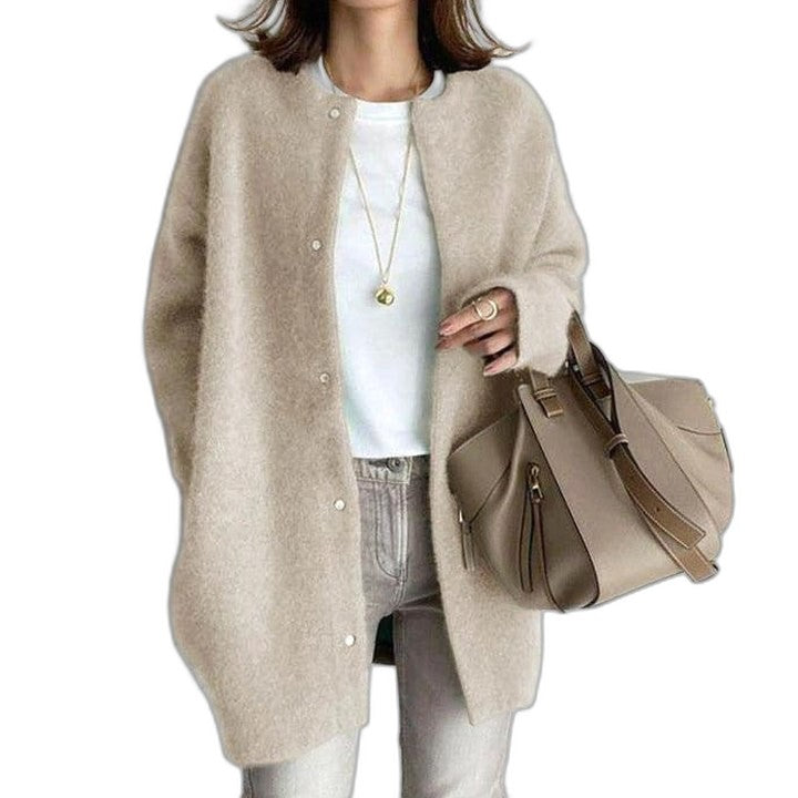 Effortless Tan Knit Cardigan Sweater for Women with Crew Neck Long Sleeve Oversized Casual Style