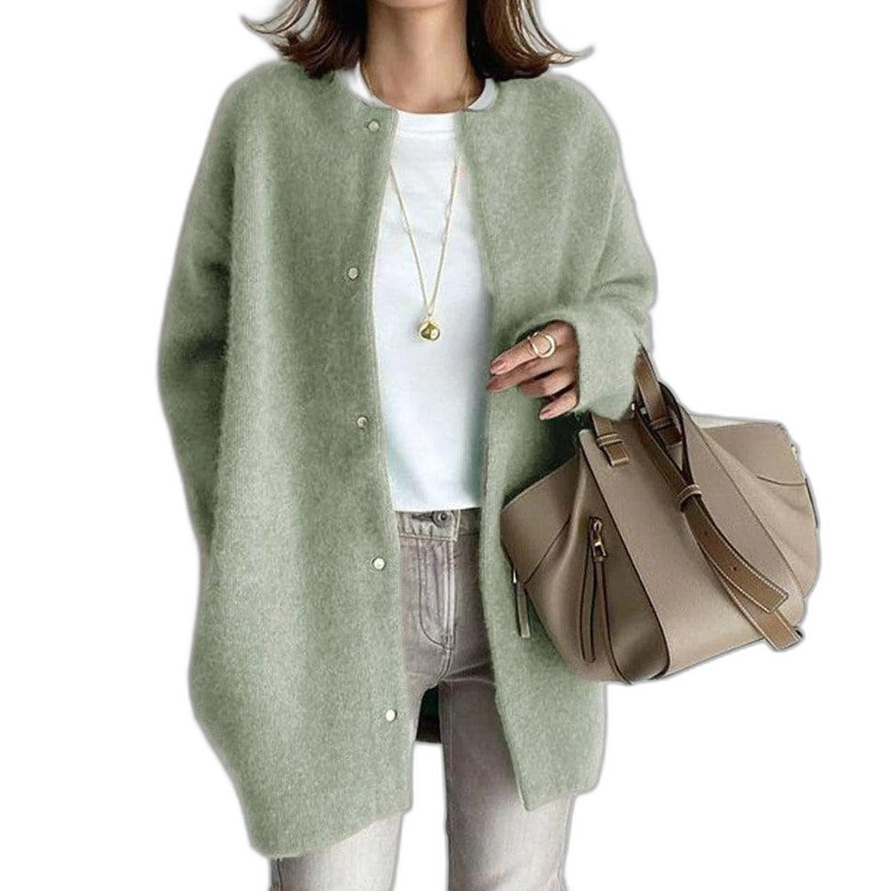 Effortless Tan Knit Cardigan Sweater for Women with Crew Neck Long Sleeve Oversized Casual Style
