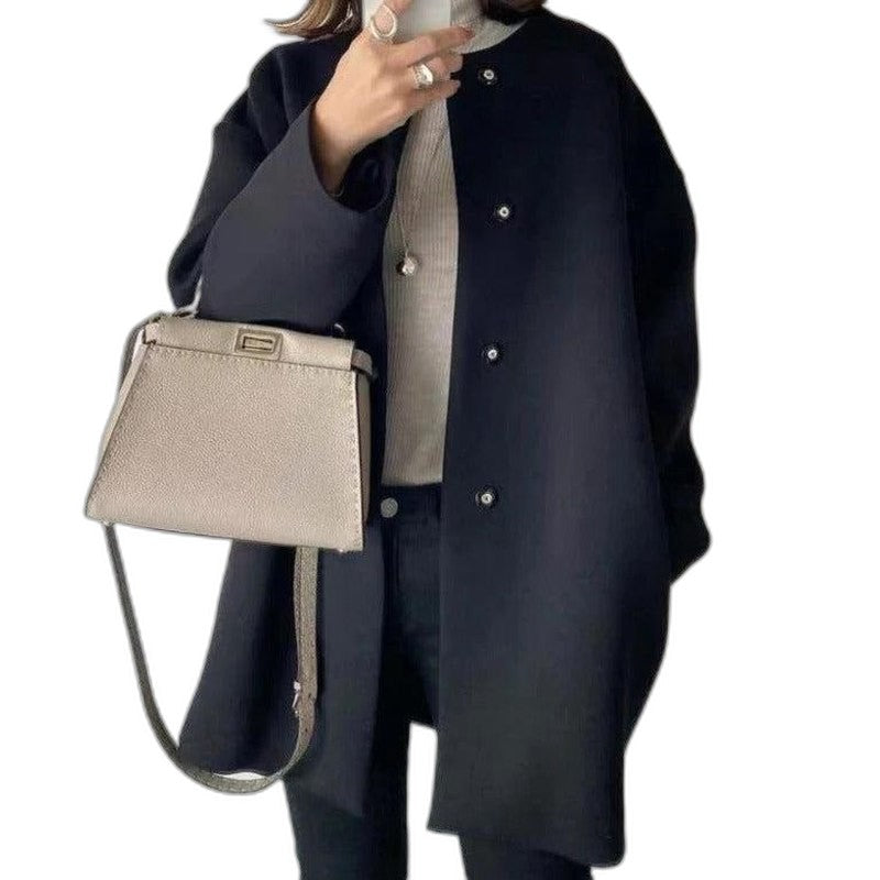 Effortless Tan Knit Cardigan Sweater for Women with Crew Neck Long Sleeve Oversized Casual Style