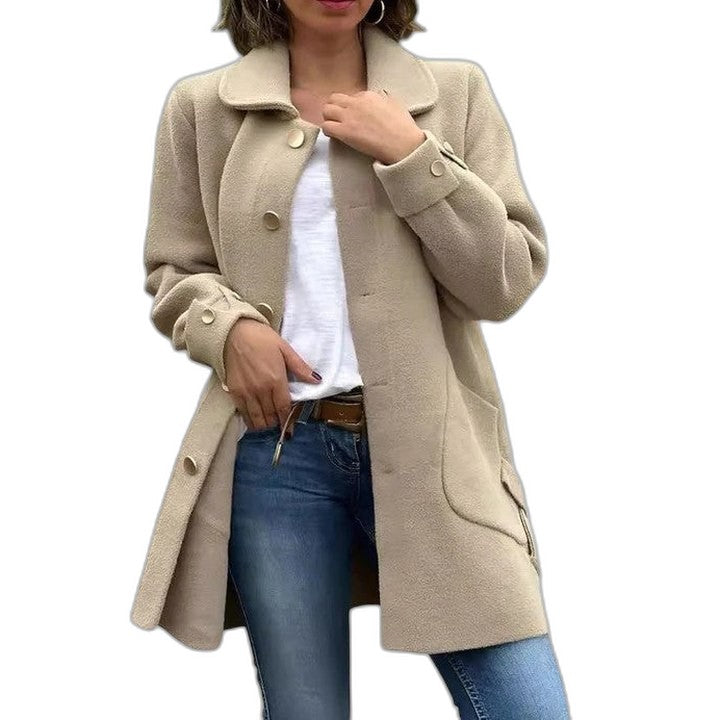 Effortless Tan Knit Coat for Women with Collared Long Sleeve Button Front Pockets Casual Style